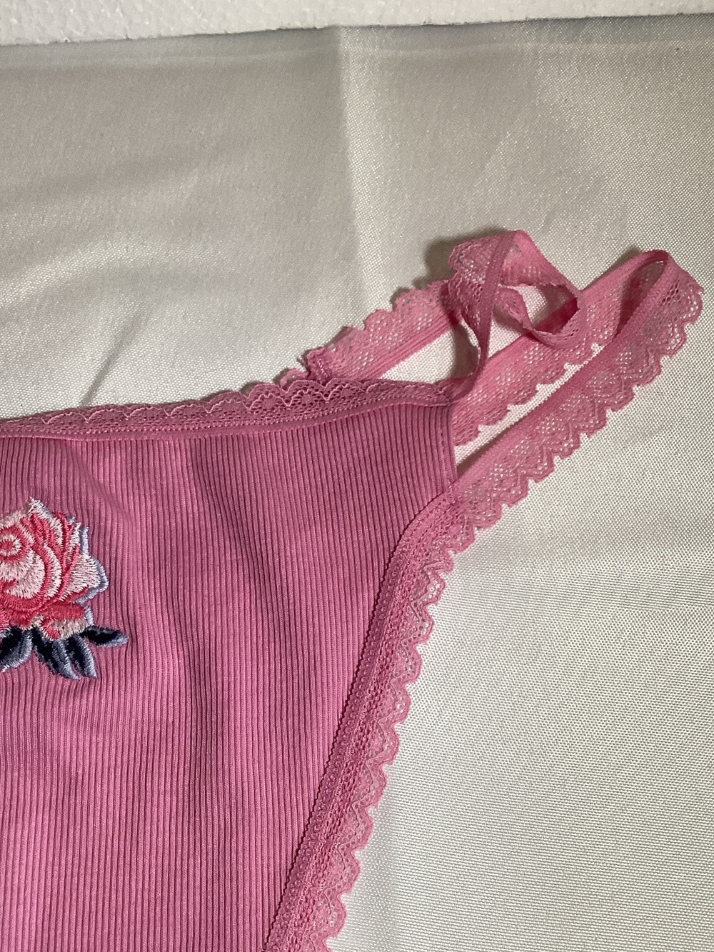 PINK Victoria's Secret Pink Ribbed Thong with Rose Embroidery - Picture 4 of 10